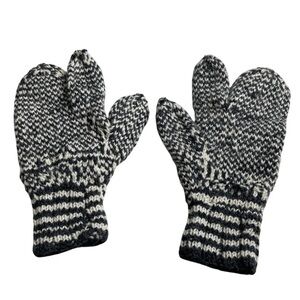 Hand Knit Men’s Wool Charcoal Grey White Mittens / Gloves Size Medium